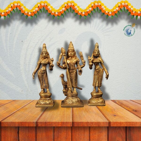 Brass Lord Murugan with Valli & Deivanai Idol Set | Subramanya Thiruvilaiyadal Murti - Image 3