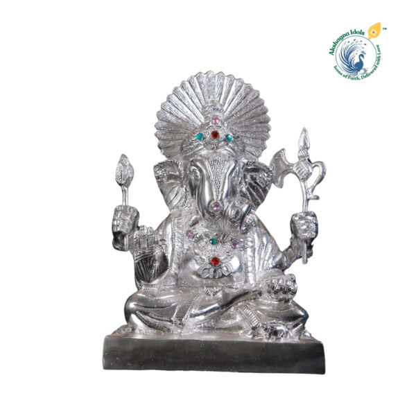 Exquisite White Metal Lord Ganesha Idol | Handcrafted Decorative Statue with Gemstone Embellishments | Hindu God of Wisdom & Prosperity | Home, Office & Puja Room Decor