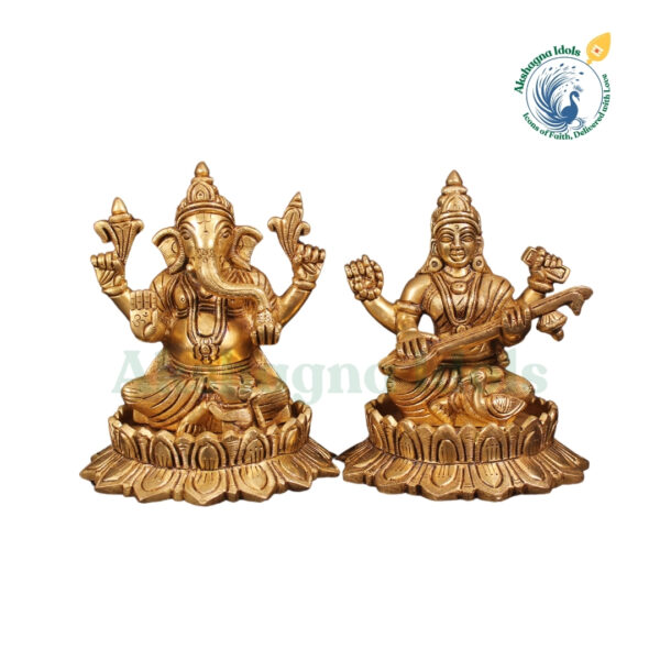 Brass Goddess Saraswati & Lord Ganesha Idol Set – Symbol of Wisdom, Prosperity & Success