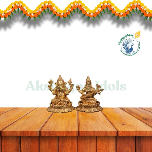 Brass Goddess Saraswati & Lord Ganesha Idol Set – Symbol of Wisdom, Prosperity & Success - Image 2