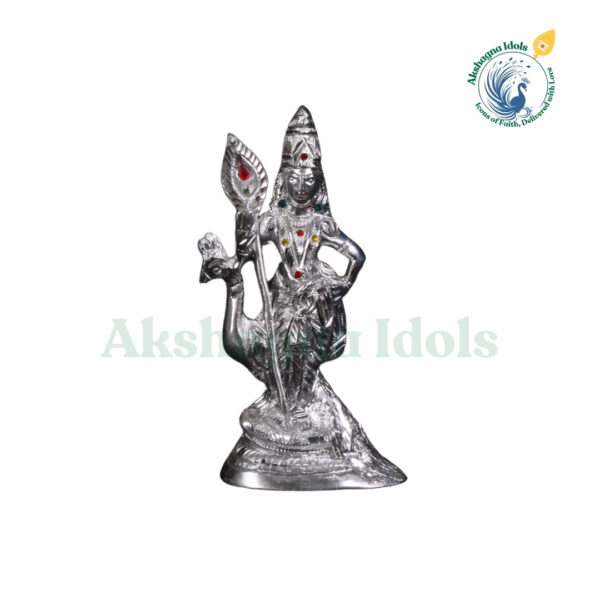 Divine White Metal Lord Murugan Idol | Handcrafted Kartikeya Statue with Vel & Peacock | Hindu God of Victory & Wisdom | Puja, Home & Office Decor Gift