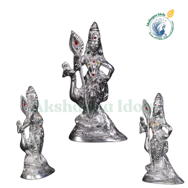 Divine White Metal Lord Murugan Idol | Handcrafted Kartikeya Statue with Vel & Peacock | Hindu God of Victory & Wisdom | Puja, Home & Office Decor Gift - Image 2