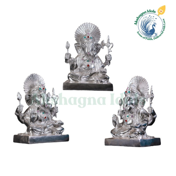 Exquisite White Metal Lord Ganesha Idol | Handcrafted Decorative Statue with Gemstone Embellishments | Hindu God of Wisdom & Prosperity | Home, Office & Puja Room Decor - Image 2