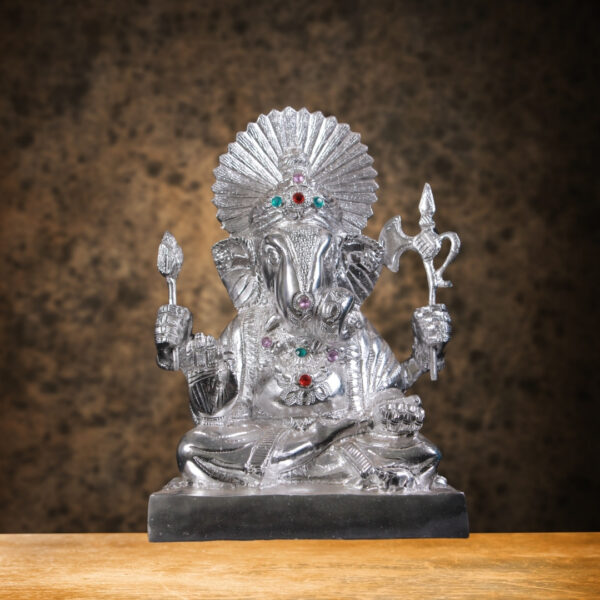 Exquisite White Metal Lord Ganesha Idol | Handcrafted Decorative Statue with Gemstone Embellishments | Hindu God of Wisdom & Prosperity | Home, Office & Puja Room Decor - Image 3