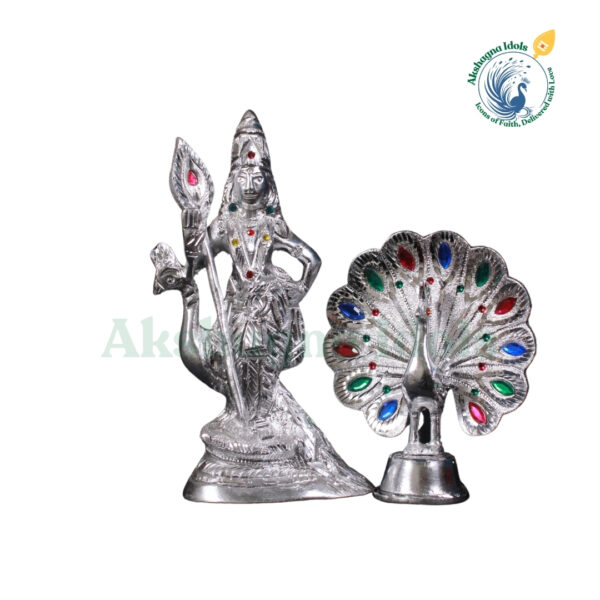 Divine White Metal Lord Murugan with Peacock Idol | Handcrafted Kartikeya Statue with Vel | Symbol of Wisdom, Courage & Victory | Perfect for Home, Temple & Gift Decor