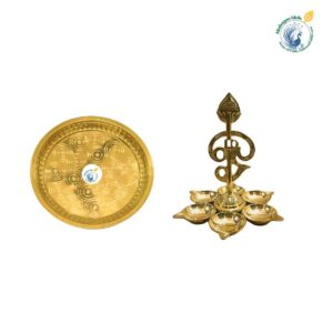 4-Inch Om Vel Arumuga Vilakku & 8-Inch Brass Pooja Plate Combo